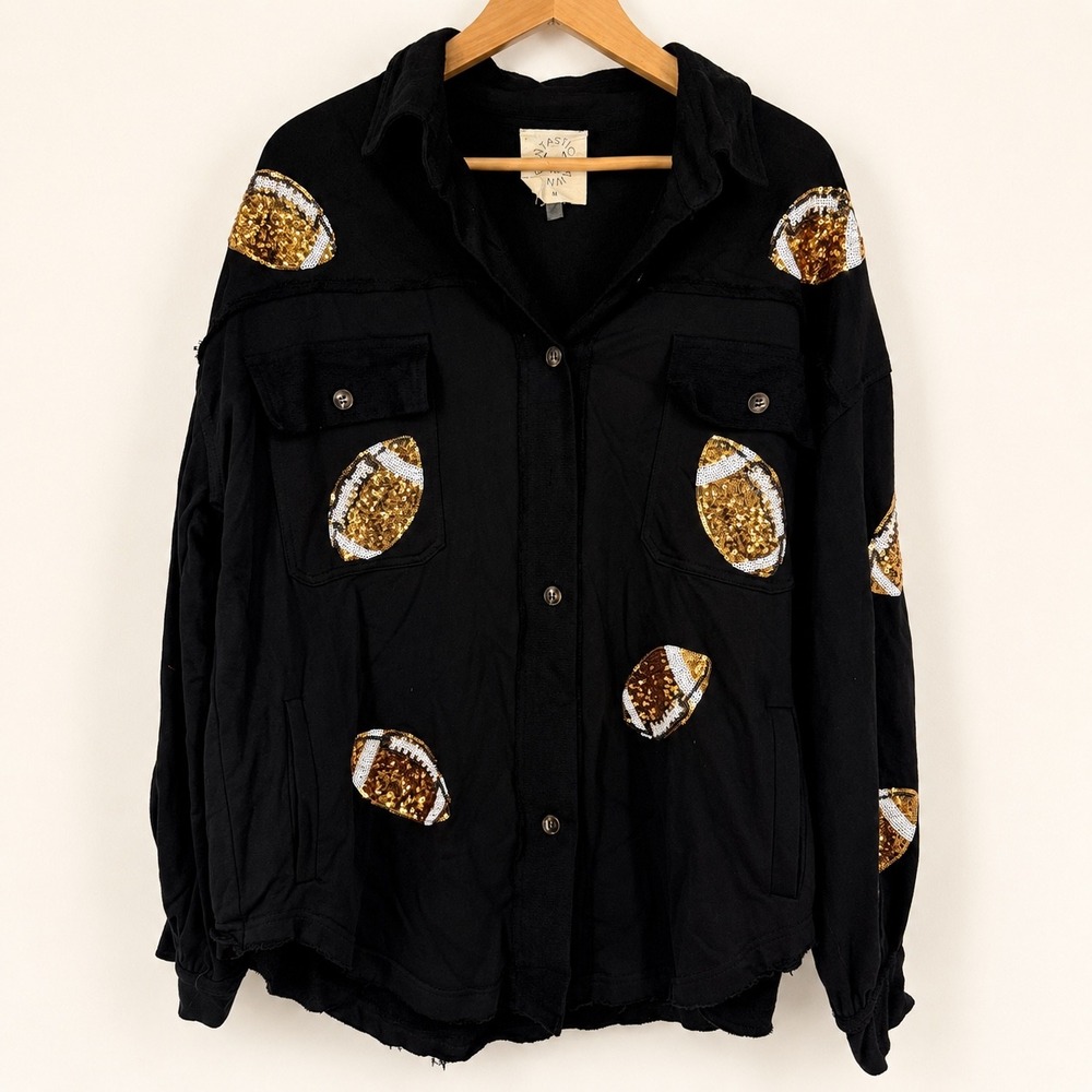 Fantastic Fawn Womens Medium Shacket Football Sequin Black Button Up Game Day